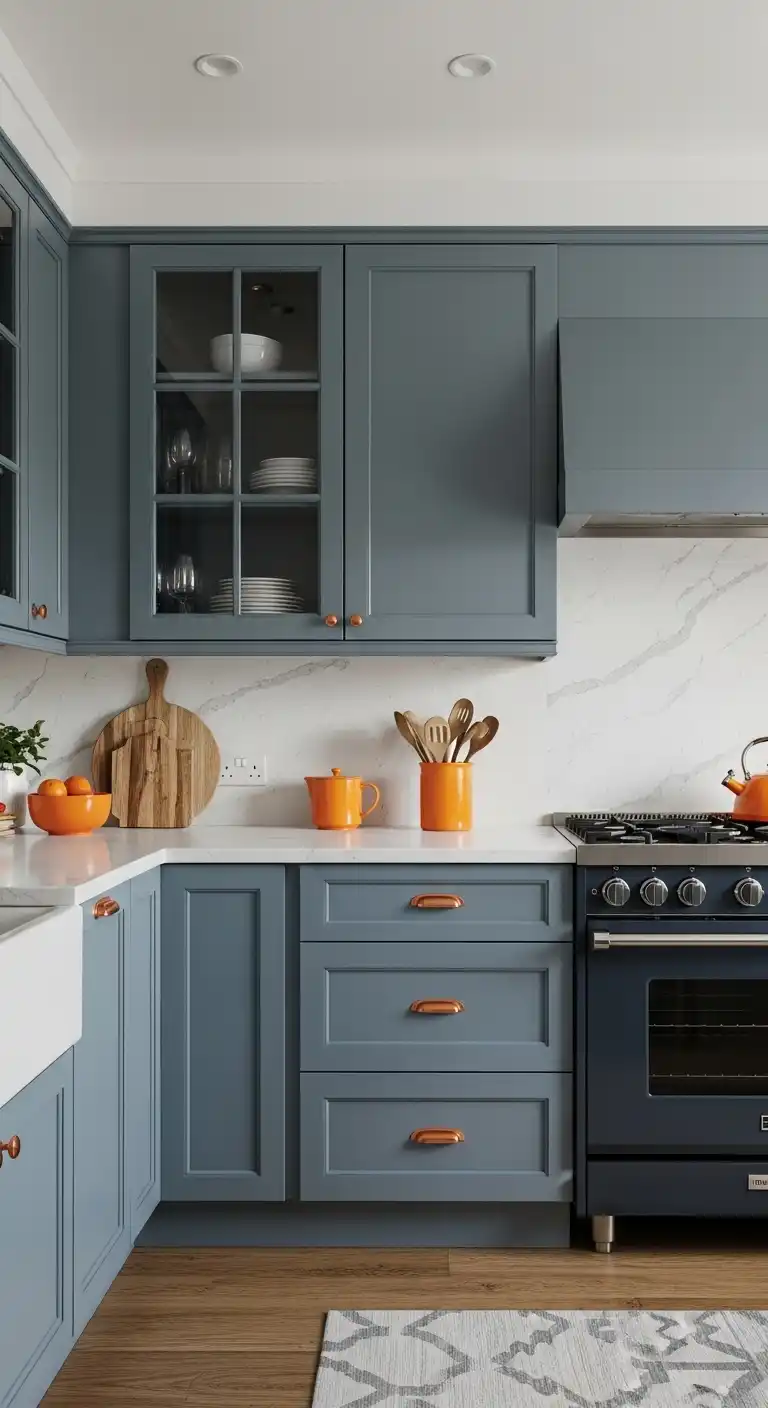 Timeless Style: 18 Evergreen Food Kitchen Cabinet Color Combinations 18 Slate Blue and Warm Tangerine