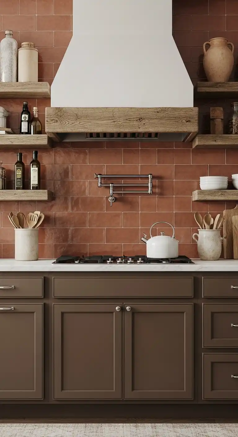 Kitchen Color Ideas for Brown Cabinets: 23 Stylish Choices 6 Terracotta Backsplash for Rustic Charm