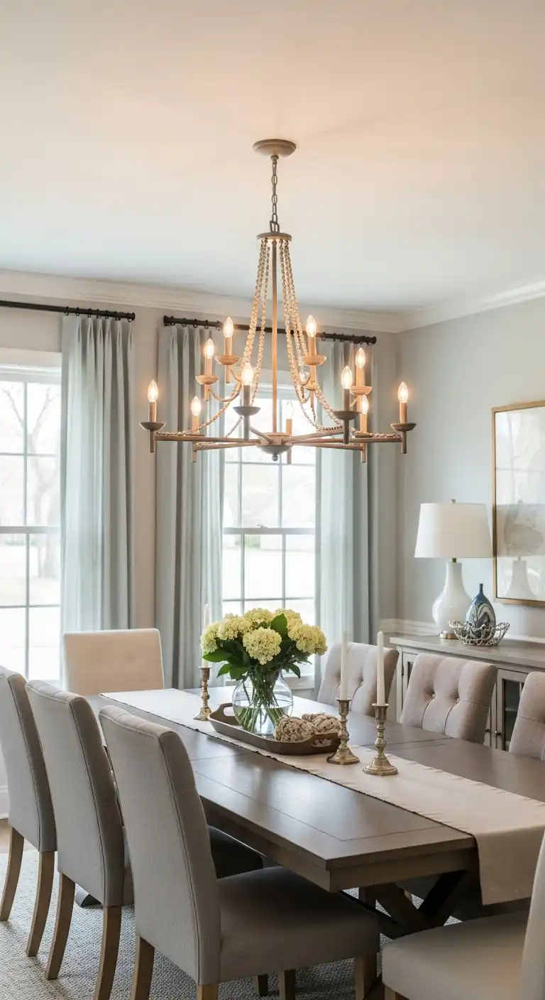 Transitional Dining Space Highlighting Chandelier as Focal Point