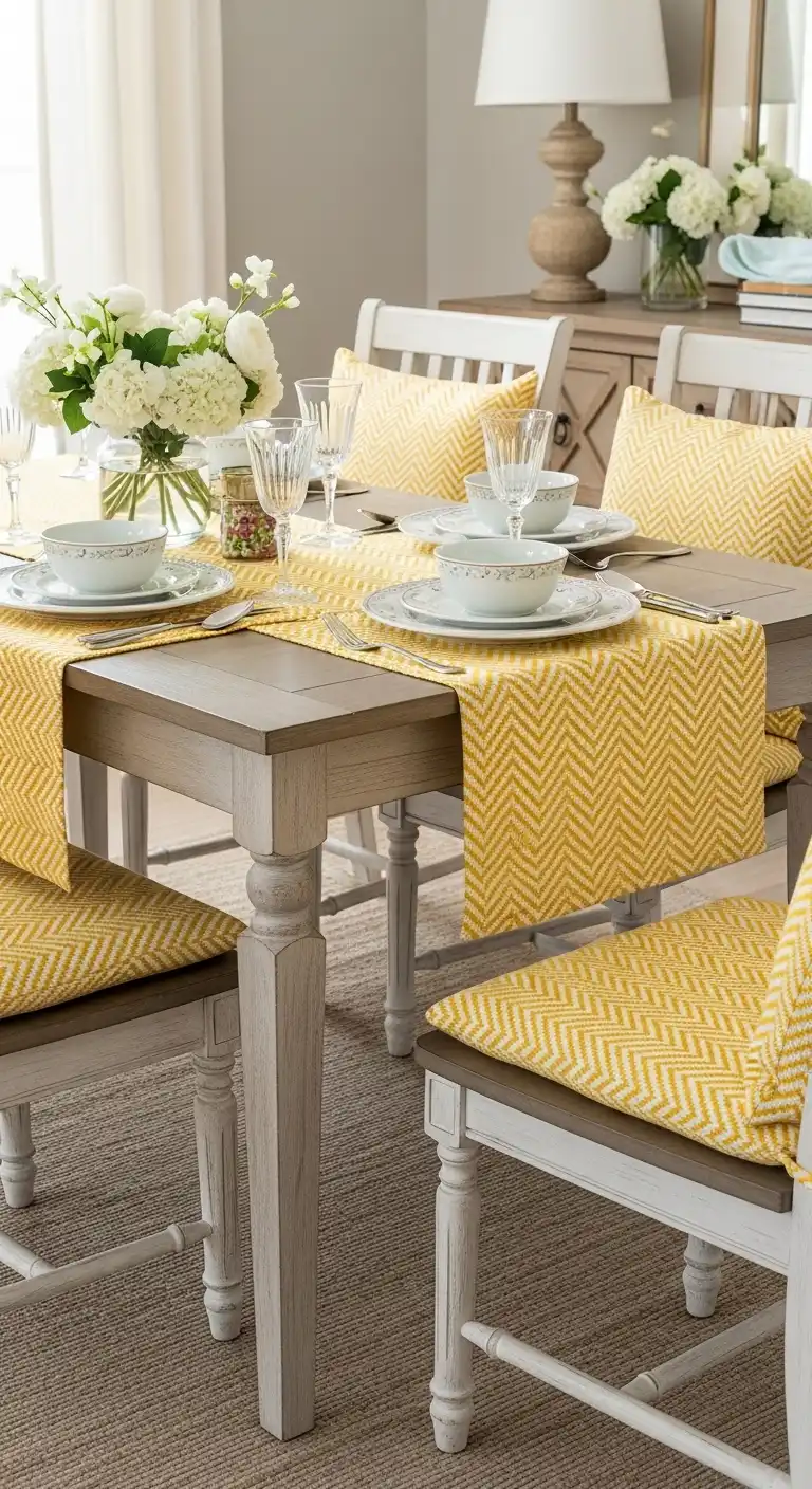 Vibrant Table Runner & Chair Cushions with Classic Motifs