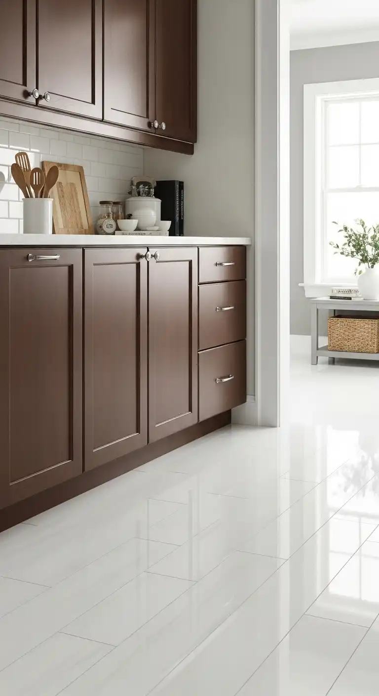 Kitchen Color Ideas for Brown Cabinets: 23 Stylish Choices 19 White Gloss Flooring for a Clean Look