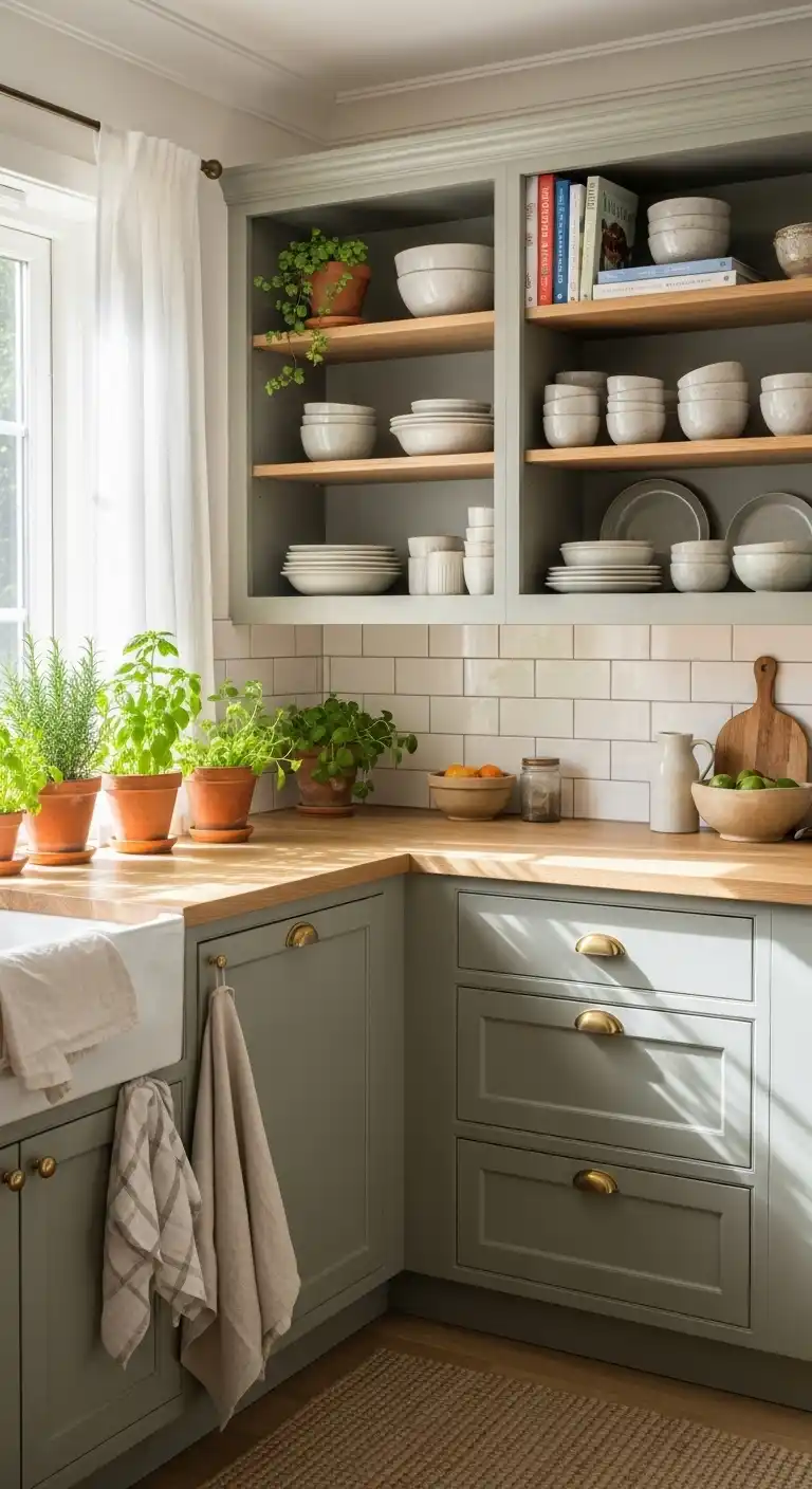 a cozy sage green kitchen with natural accents