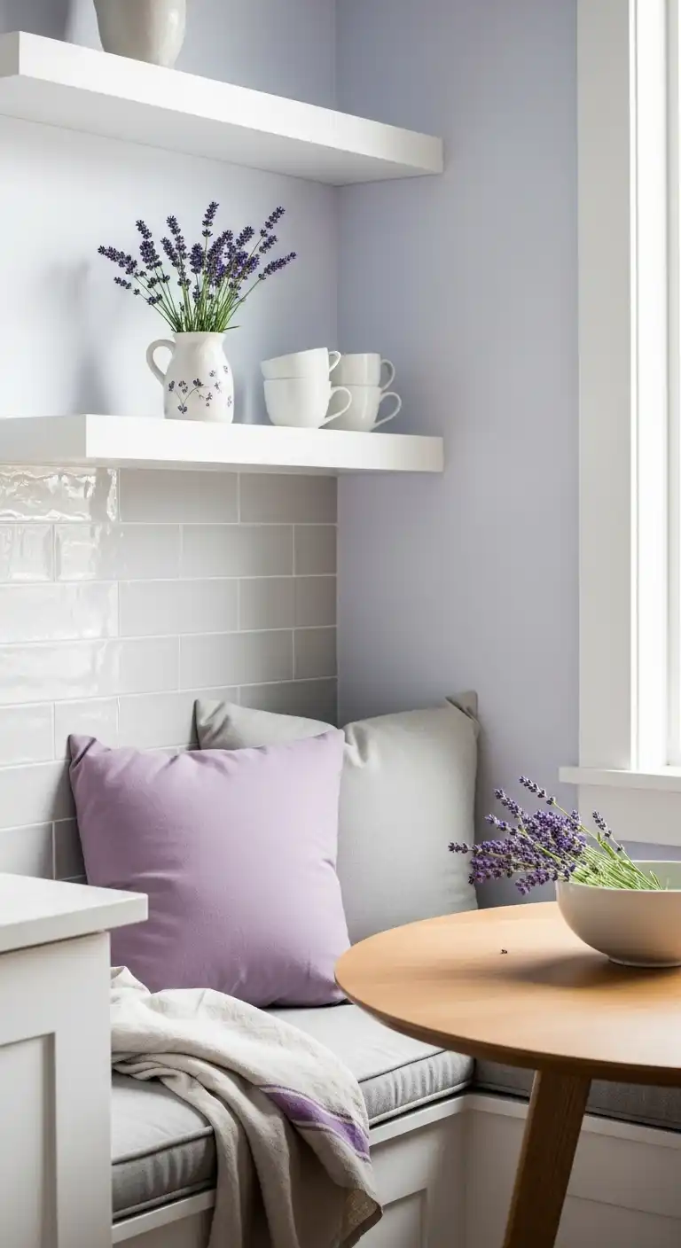 a lavender-accented kitchen nook with minimalistic white floating shelves