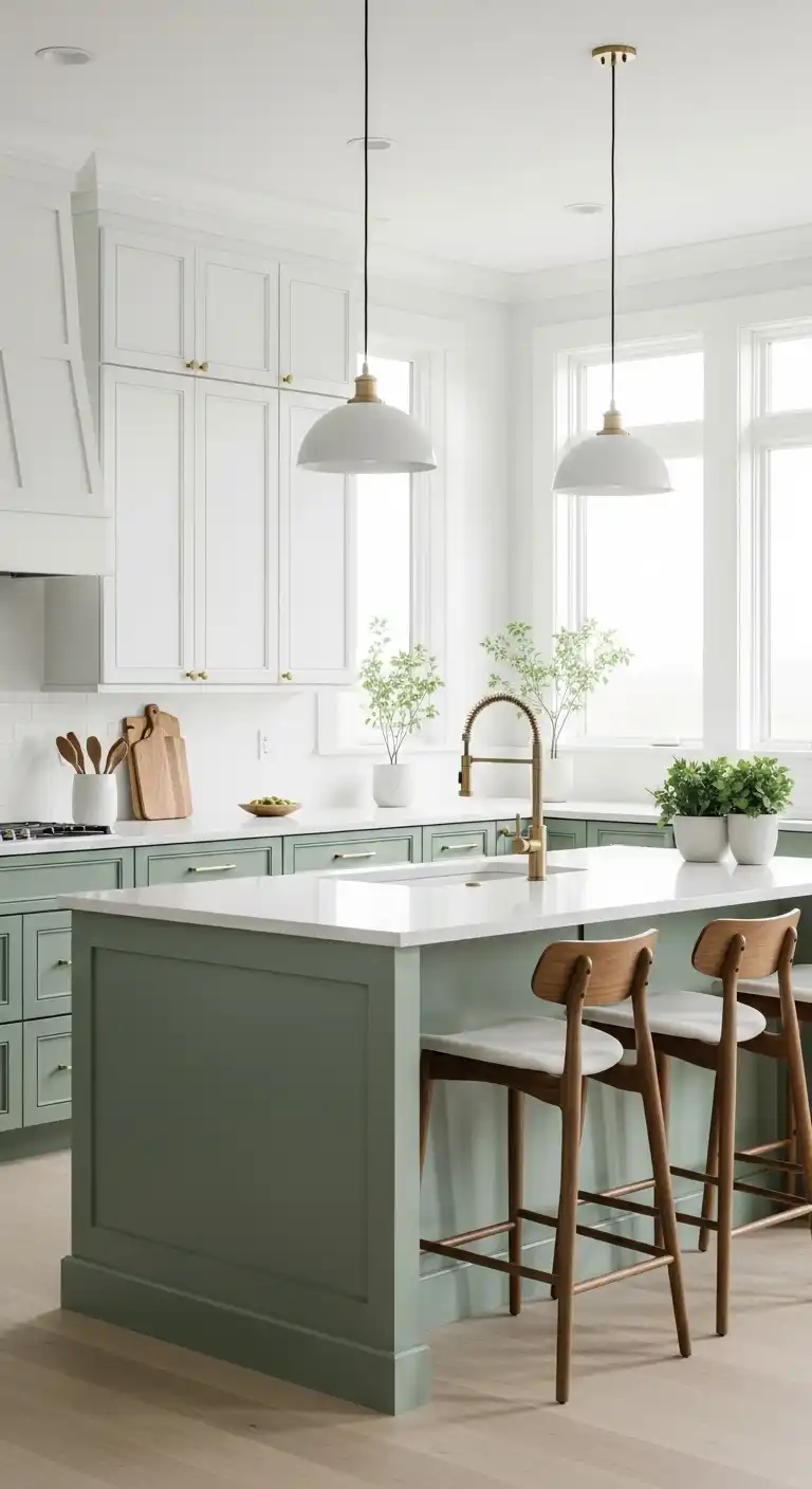 a modern sage green and white kitchen