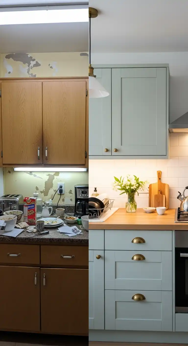 a small sage green kitchen makeover transformation