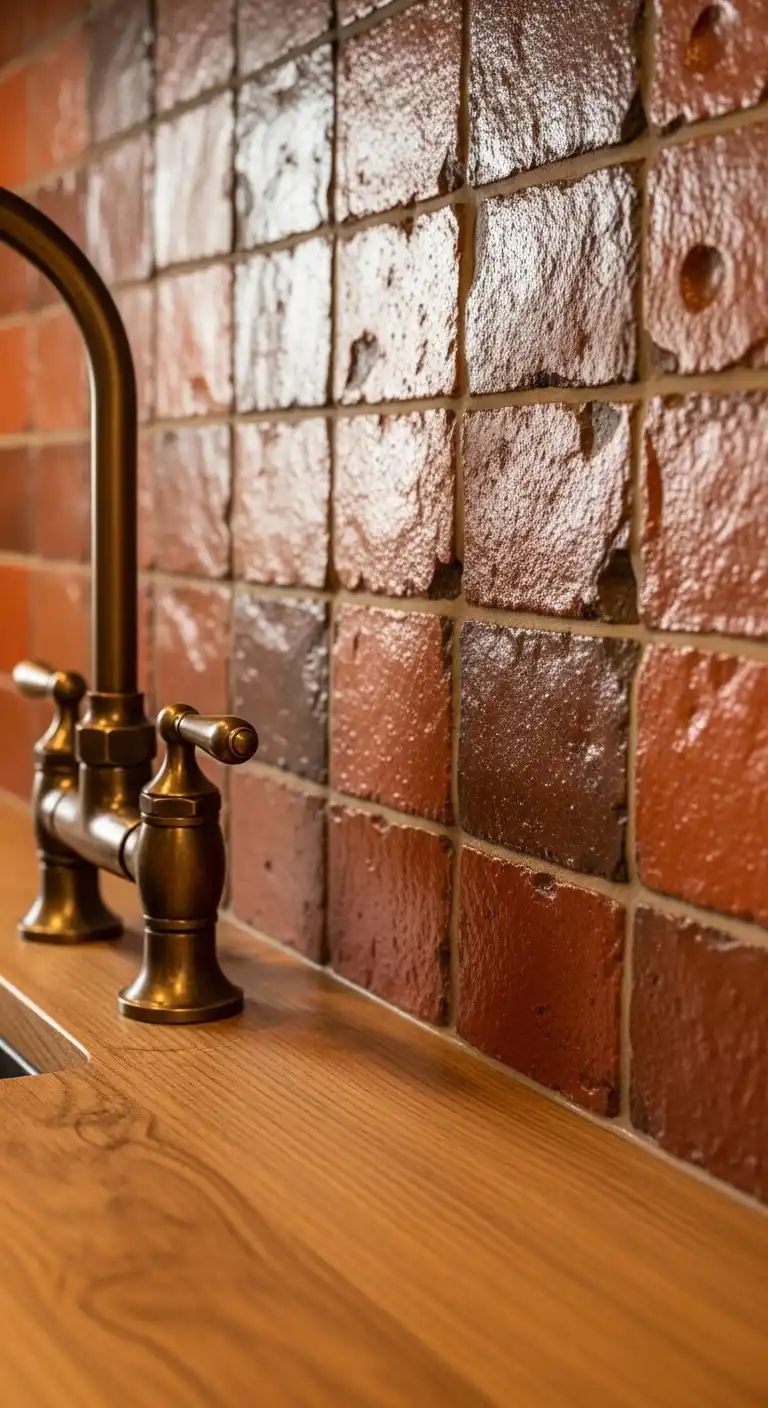 a textured terracotta tile backsplash paired with natural wood countertop