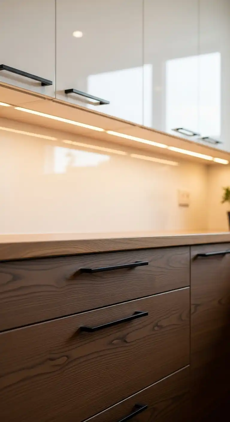 kitchen cabinetry showing the contrast between clean white upper cabinets and rich brown lower cabinets