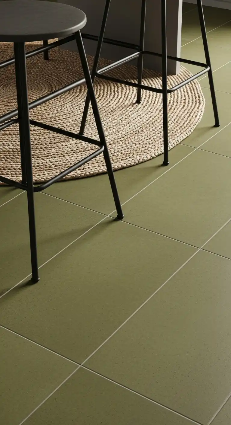 olive green textured tile flooring with a matte finish