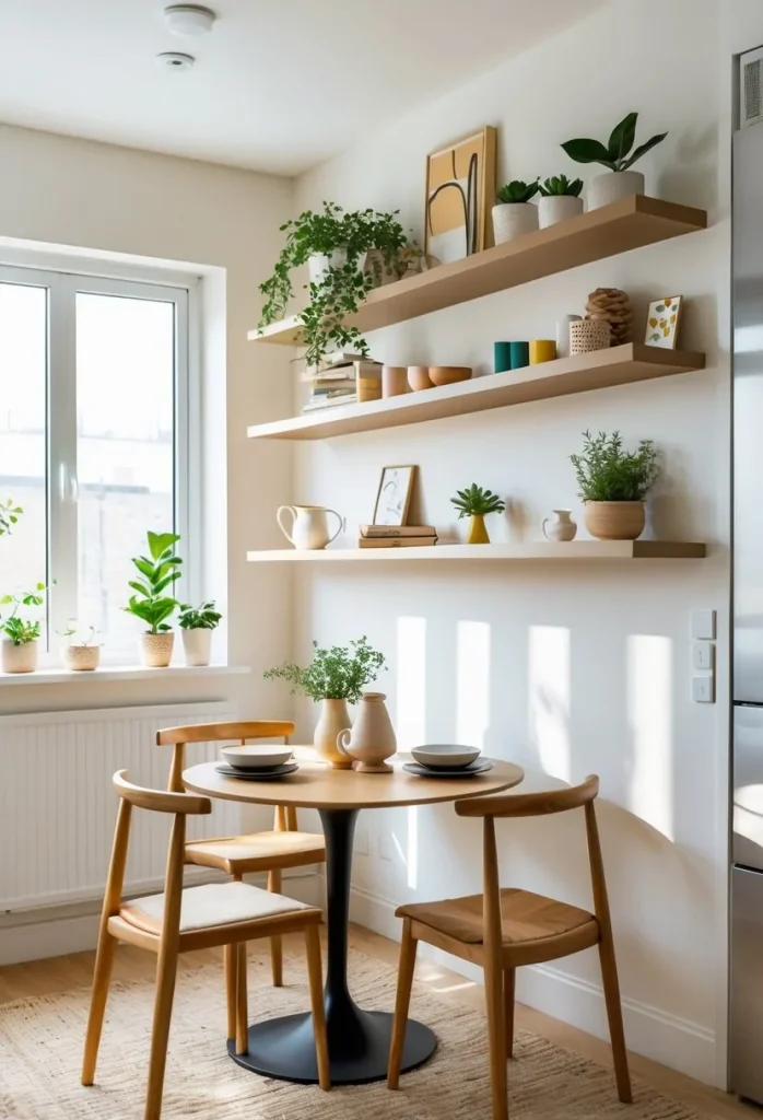 Install wall-mounted shelving for stylish display and extra storage