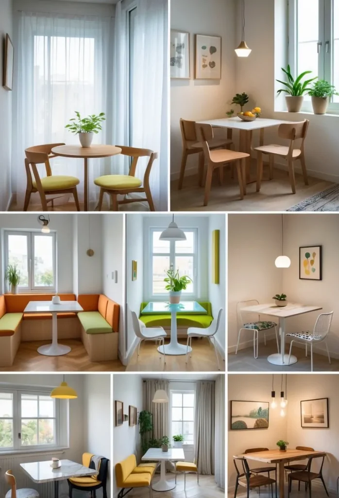 Seven different small dining room setups showing various tables, chairs, and seating arrangements in compact spaces.