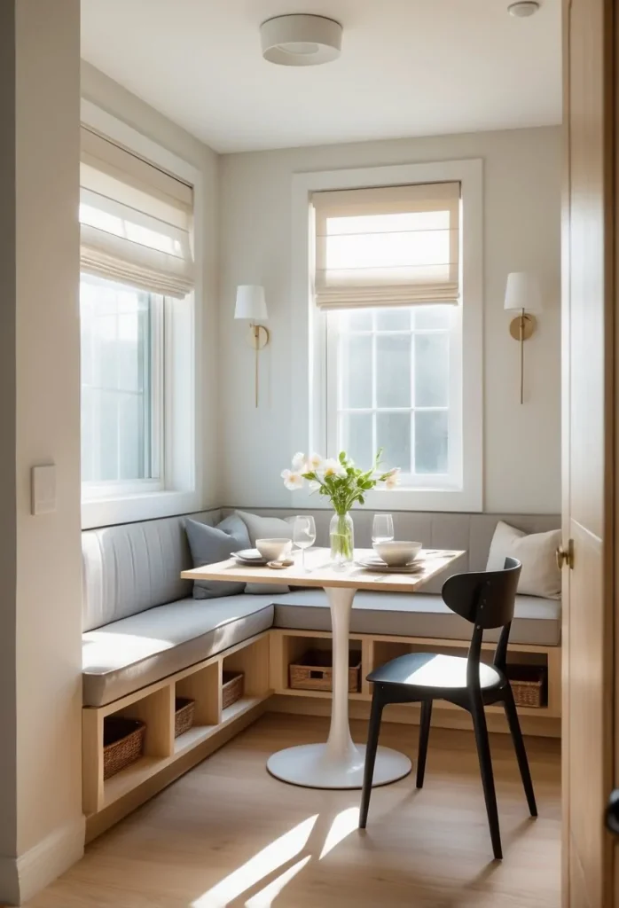 Small dining room with a round pedestal table and four chairs, featuring natural light and simple decor.