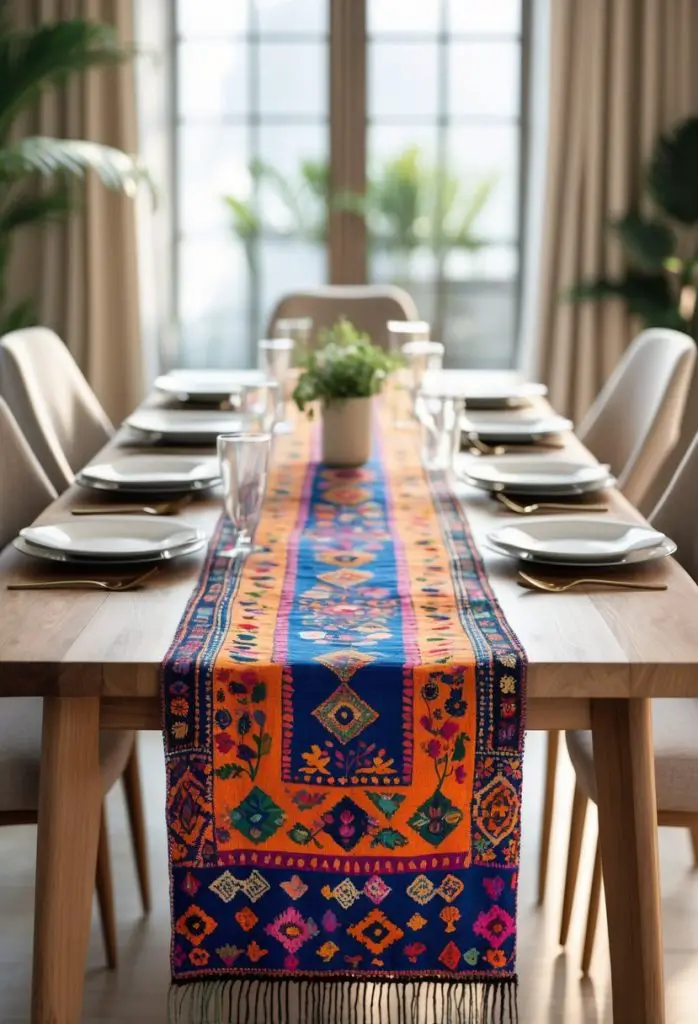 8) Incorporate colorful, patterned textiles as table runners