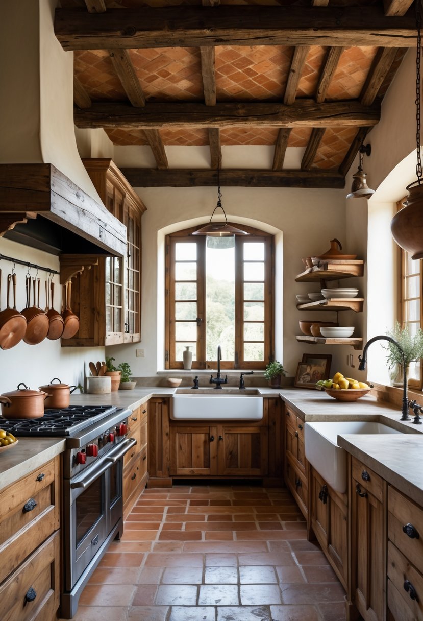 A spacious kitchen with wooden cabinets, stone countertops, a farmhouse sink, and natural light coming through large windows.
