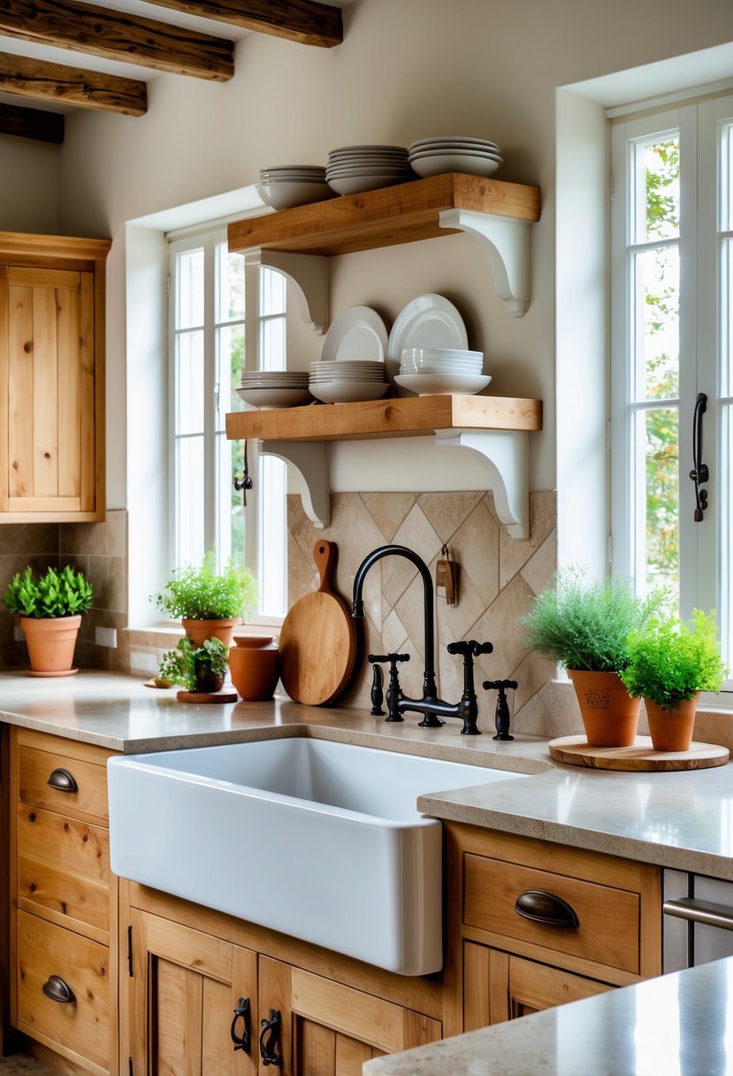 A bright kitchen with a white apron-front sink, wooden cabinets, open shelves, and natural light coming through windows.