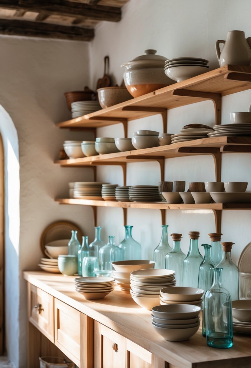 Open wooden shelves displaying ceramics and glassware in a bright kitchen.