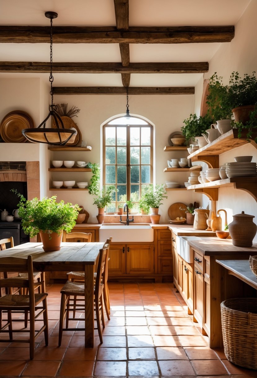 A bright kitchen with terracotta tile flooring, wooden cabinets, a farmhouse sink, and a wooden dining table with chairs.