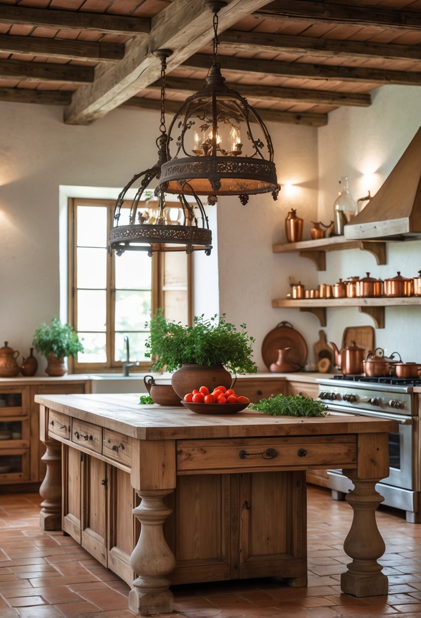 A spacious kitchen with a large wooden island, hanging pendant lights, and shelves with kitchenware.