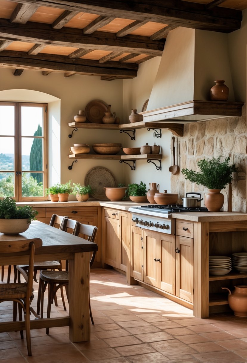 A bright kitchen with wooden cabinets, stone countertops, metal fixtures, a wooden dining table, and potted plants.