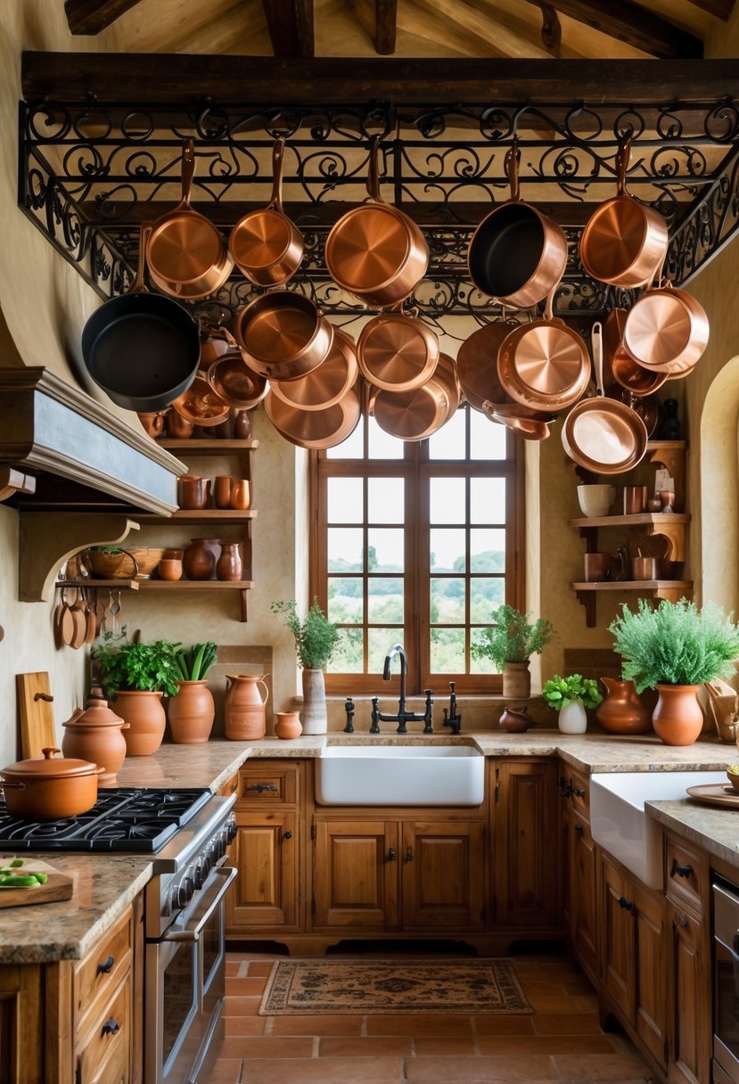 A bright kitchen with wrought iron pot racks holding pots and pans above a rustic wooden countertop and sink.