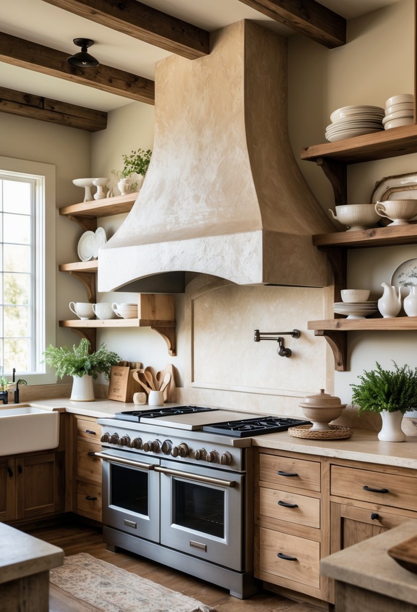 A kitchen with a large plaster-finished range hood above a stove, wooden cabinets, open shelves, and natural light.