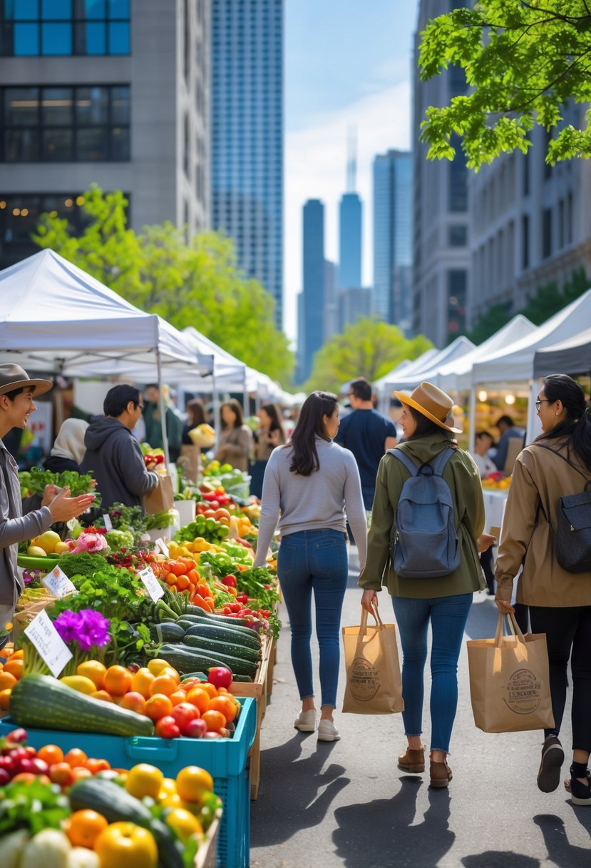 A busy farmers market in Chicago with people shopping for fresh fruits, vegetables, and flowers among outdoor stalls.