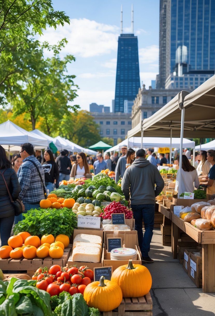 A busy farmers market in Chicago with colorful seasonal fruits, vegetables, and specialty food items displayed on stalls, with people shopping and city buildings in the background.