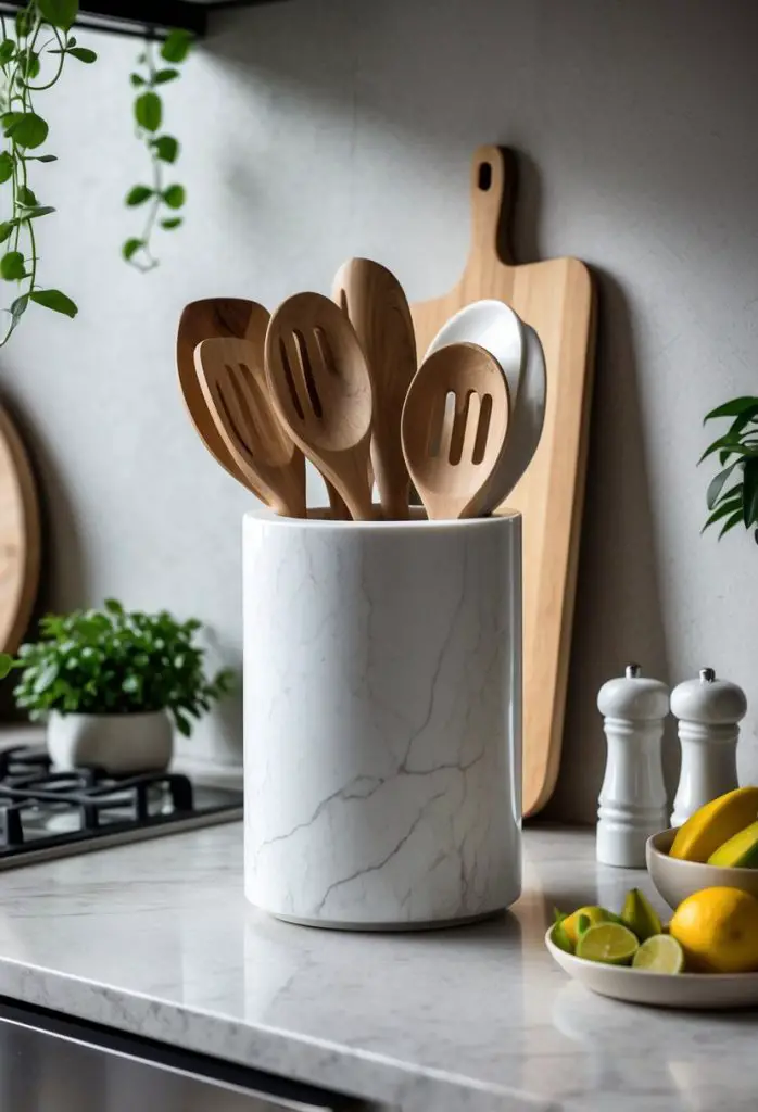 Seven small pots of fresh herbs arranged on a kitchen counter with sunlight and kitchen utensils in the background.