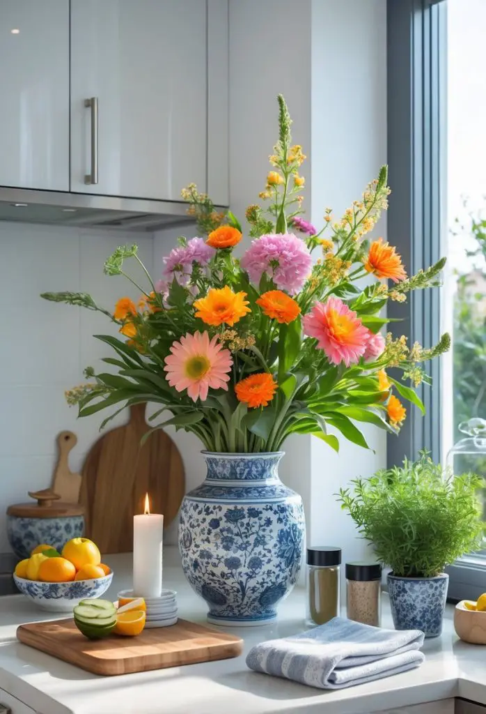 A kitchen counter with a vase of seasonal flowers surrounded by various kitchen decor items including fruit, spice jars, a cutting board, a candle, a potted herb, and a towel.