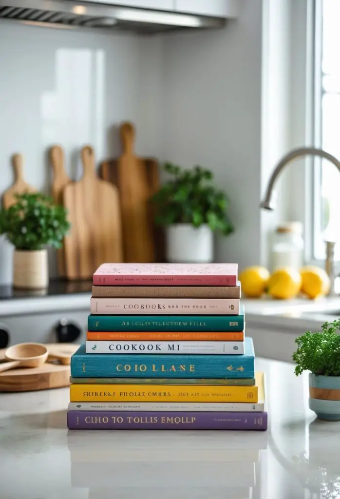A kitchen countertop with a colorful stack of cookbooks surrounded by kitchen utensils, a small plant, and fresh lemons.