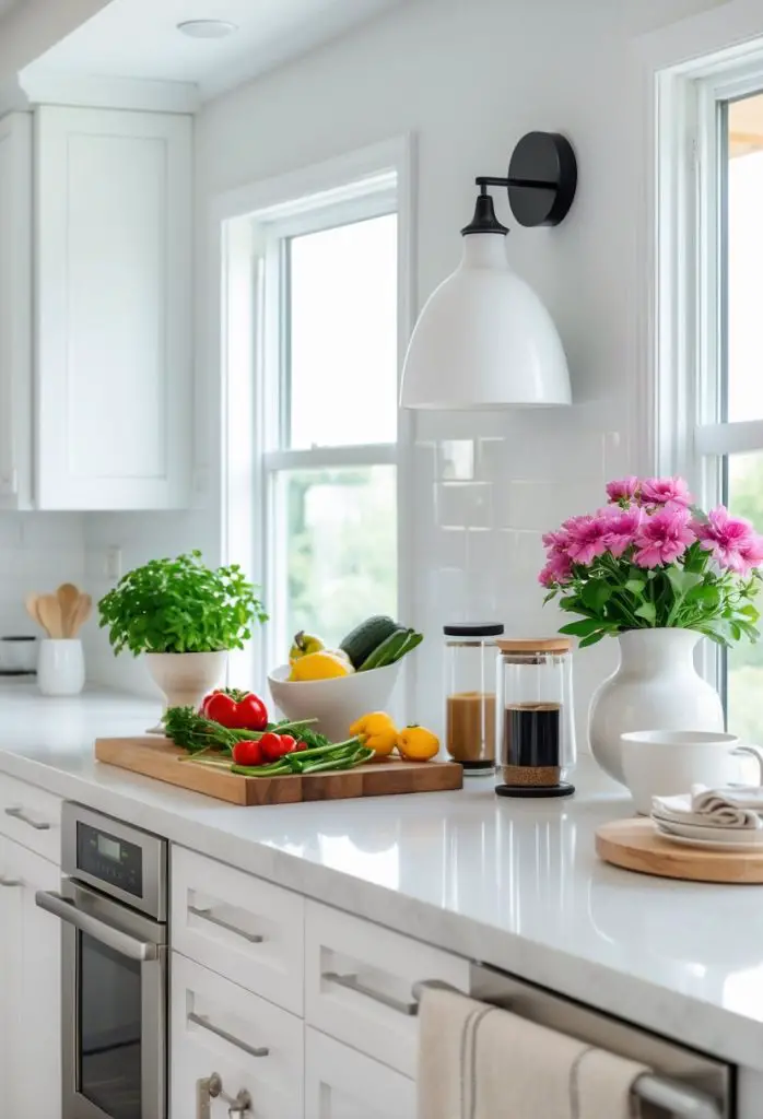 A kitchen counter with seven different decor items including plants, fruit bowl, cutting board with vegetables, spice jars, coffee setup, flowers in a vase, and a folded towel.
