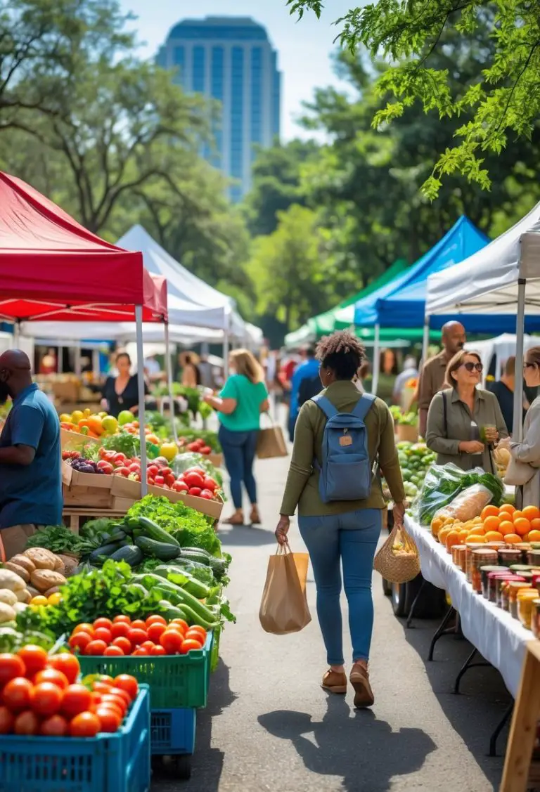 A busy outdoor farmers market in Atlanta with vendors selling fresh fruits, vegetables, and baked goods to diverse shoppers on a sunny day.