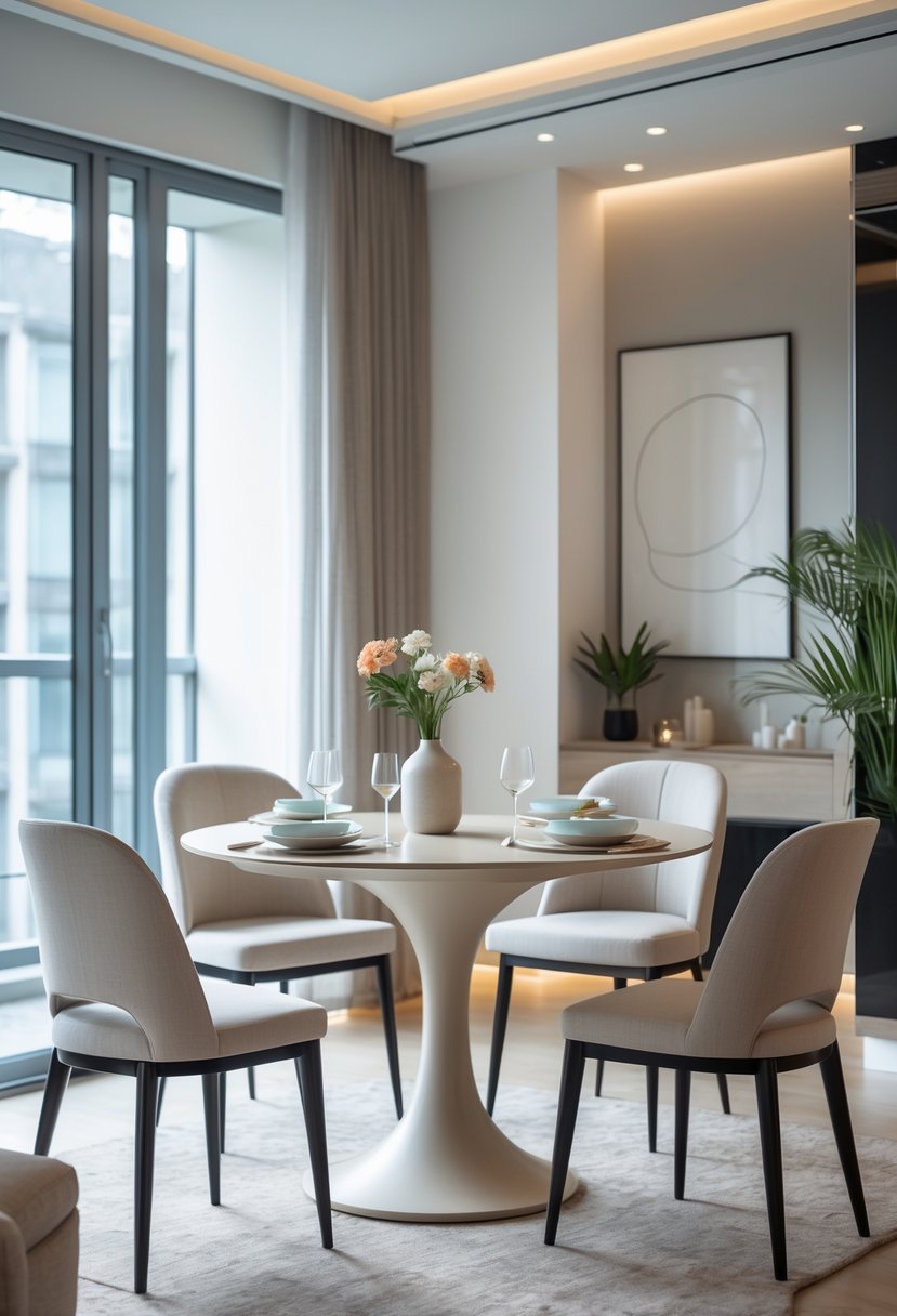 A bright apartment dining room with a round pedestal table, chairs, and natural light coming through large windows.