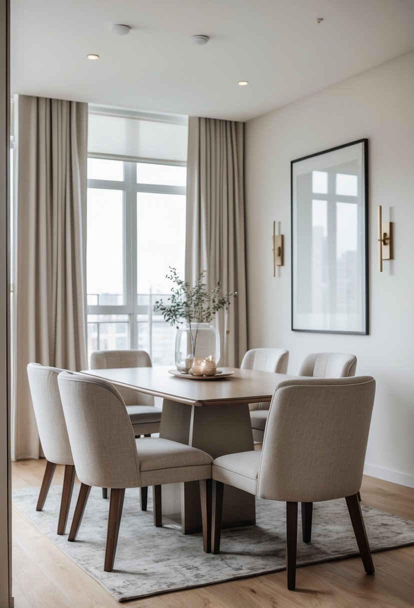 A dining room in an apartment with a table and upholstered chairs, illuminated by natural light from large windows.