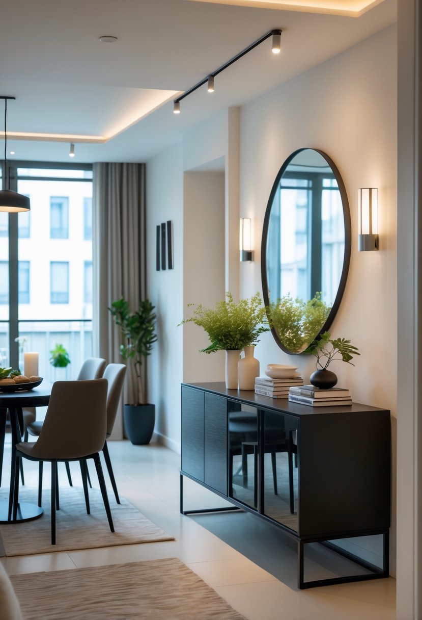 A modern apartment dining room with a sleek sideboard, dining table, chairs, and decorative items in a well-lit space.