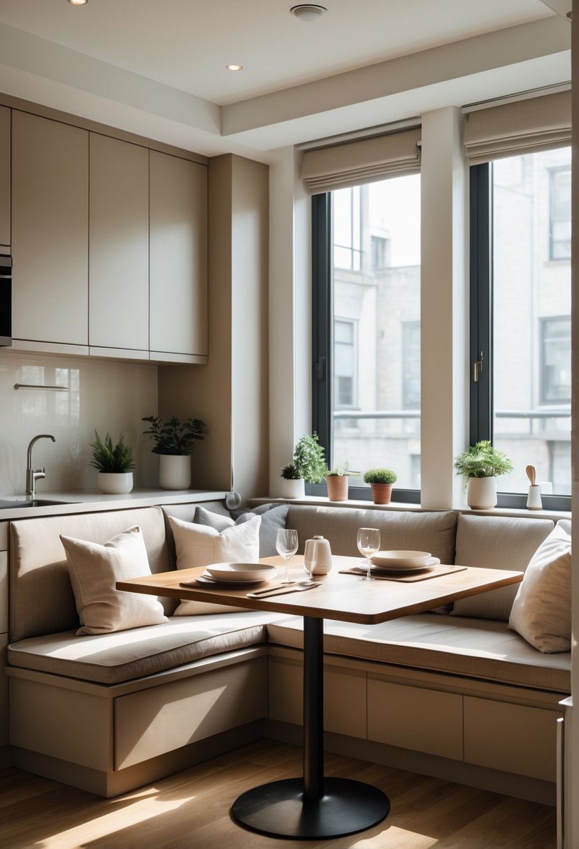 A corner nook dining area in a kitchen with a built-in bench, wooden table, and natural light.