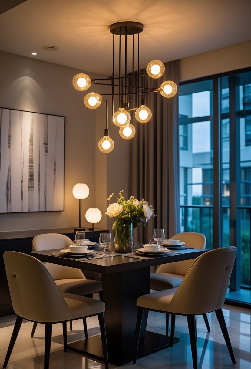 A dining room in an apartment with a table set for four and modern light fixtures hanging above.