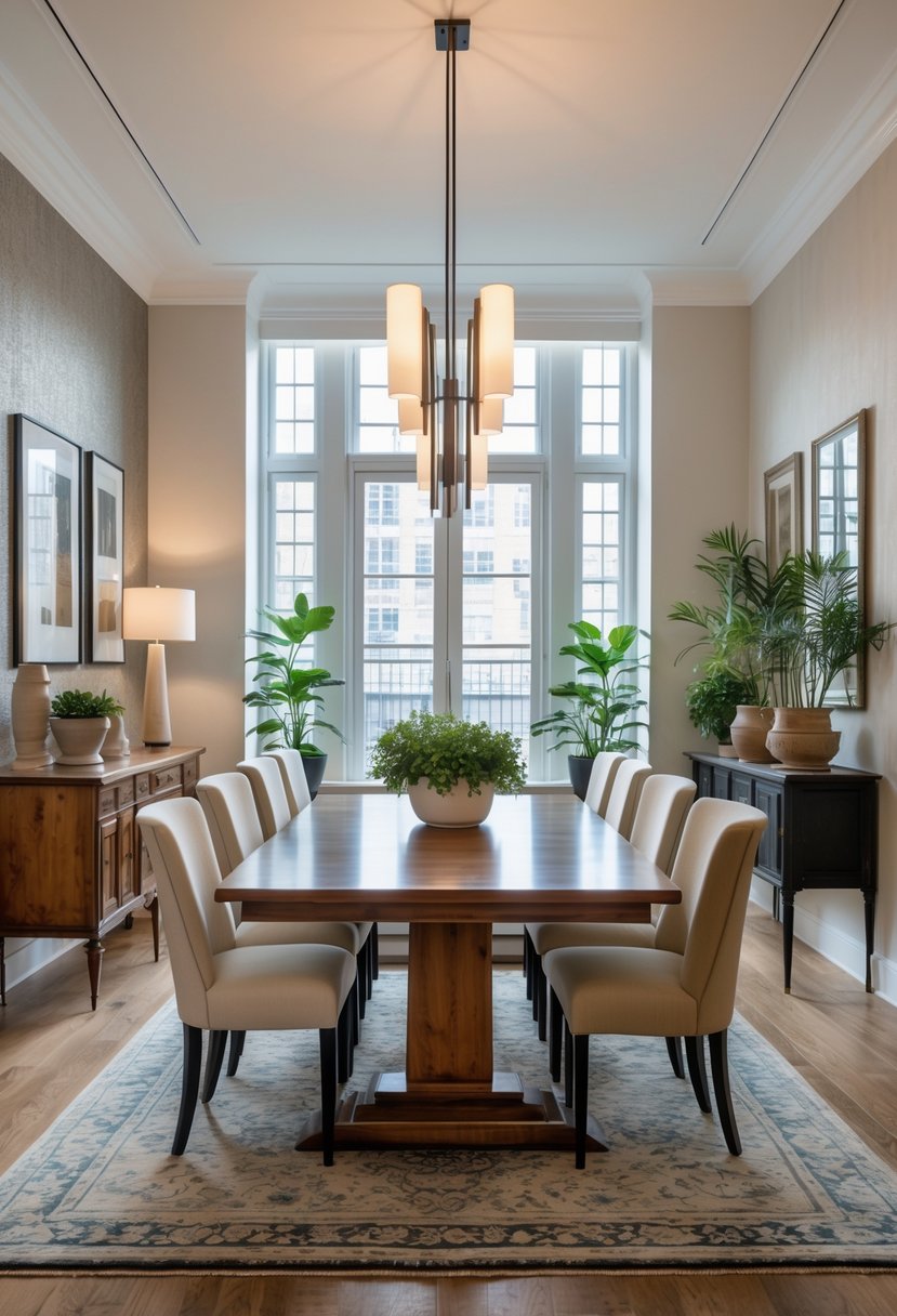 A bright apartment dining room with a wooden table, mixed chairs, a chandelier, plants, and a large window letting in natural light.