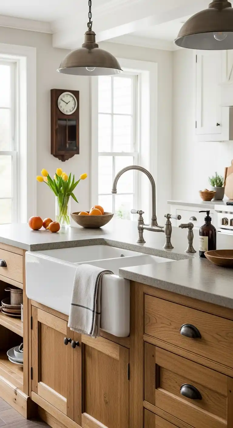 1) Farmhouse sink integrated into a wooden kitchen island