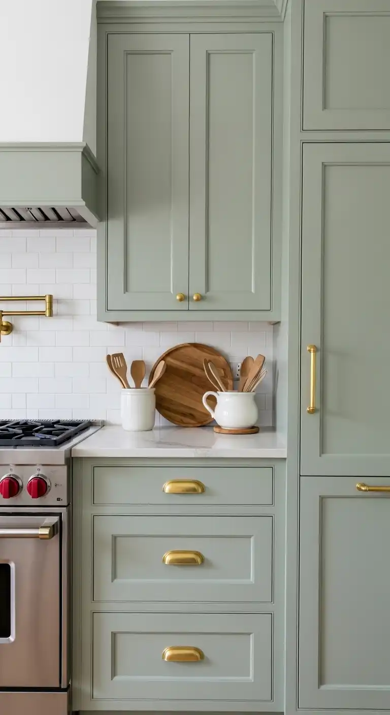 1) Sage green cabinetry with brass hardware for a modern farmhouse look