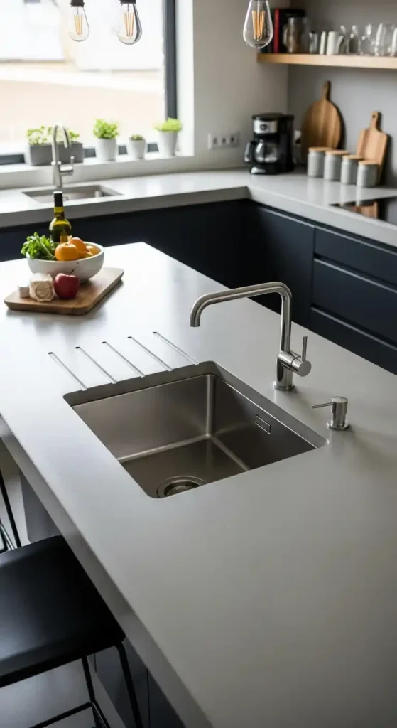 17 Kitchen Island Ideas With Sink for Modern and Functional Spaces 11 10) Concrete countertop island equipped with an inset sink