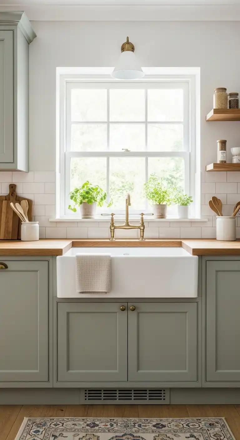 10) Sage green farmhouse sink base cabinets