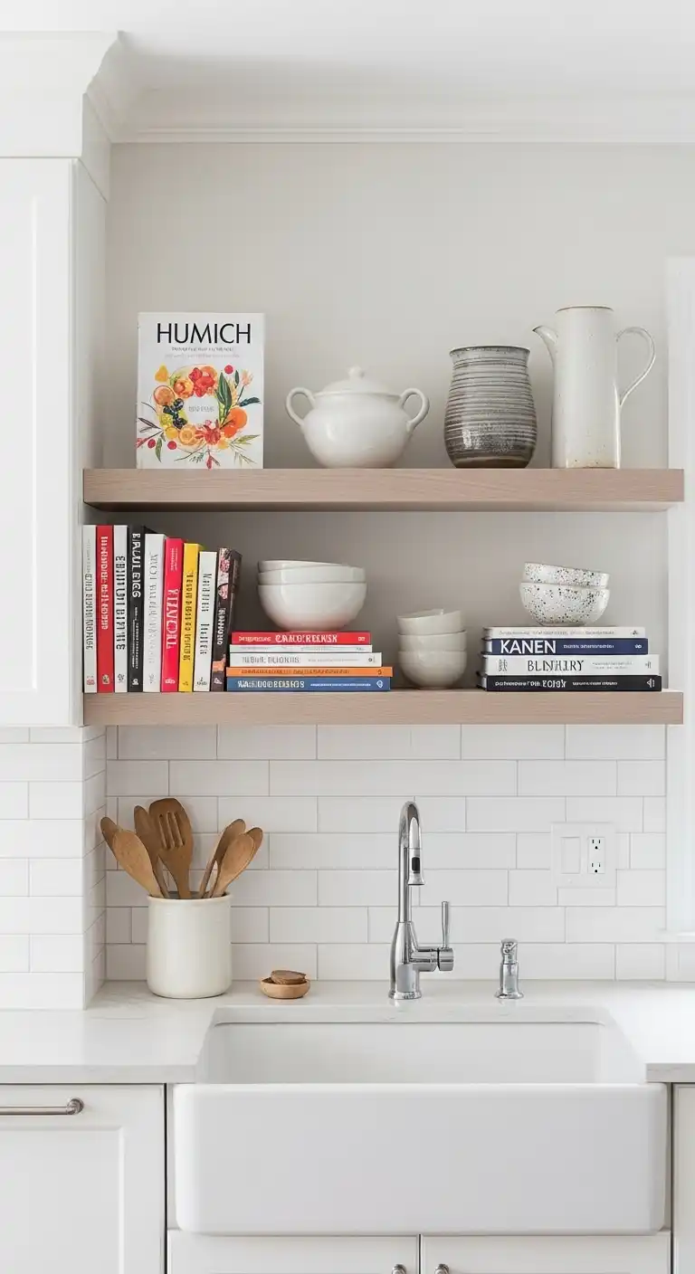 21 Kitchen Sink No Window Ideas for a Fresh, Modern Look 11 10) Use floating shelves to display cookbooks and ceramics