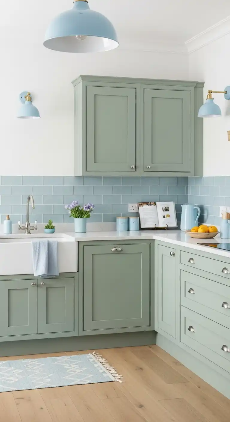 11) Sage green cabinetry combined with pale blue accents