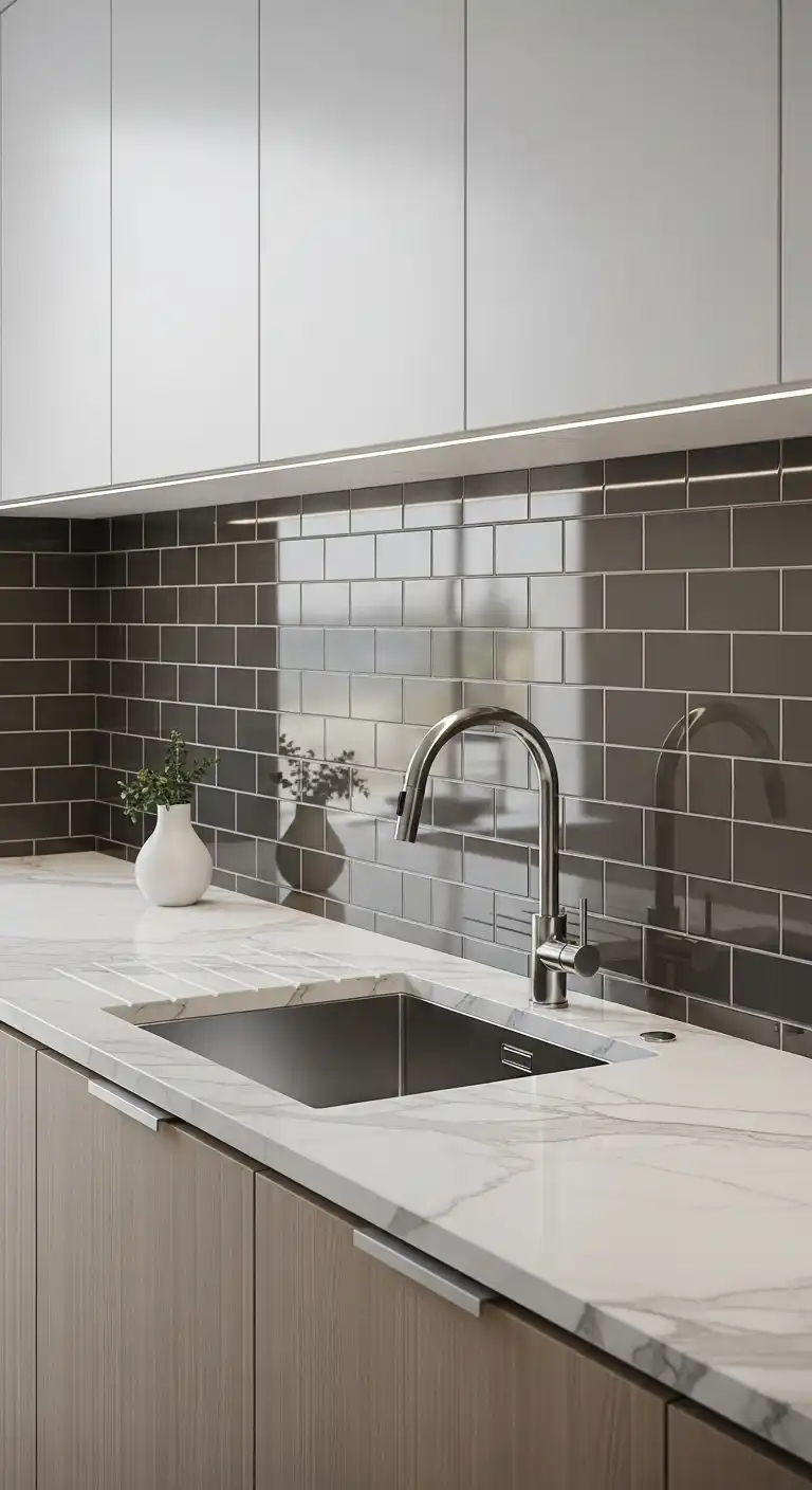12) Incorporate a sleek, modern backsplash for contrast