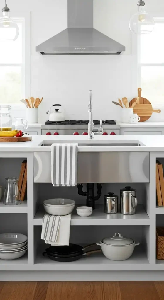 17 Kitchen Island Ideas With Sink for Modern and Functional Spaces 13 12) Open shelving island under a stainless steel sink