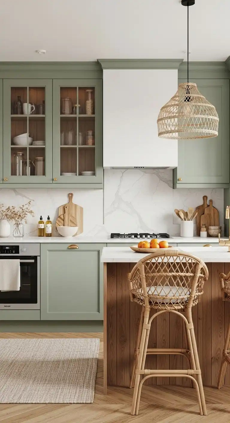 12) Sage green kitchen paired with warm wood elements and rattan decor