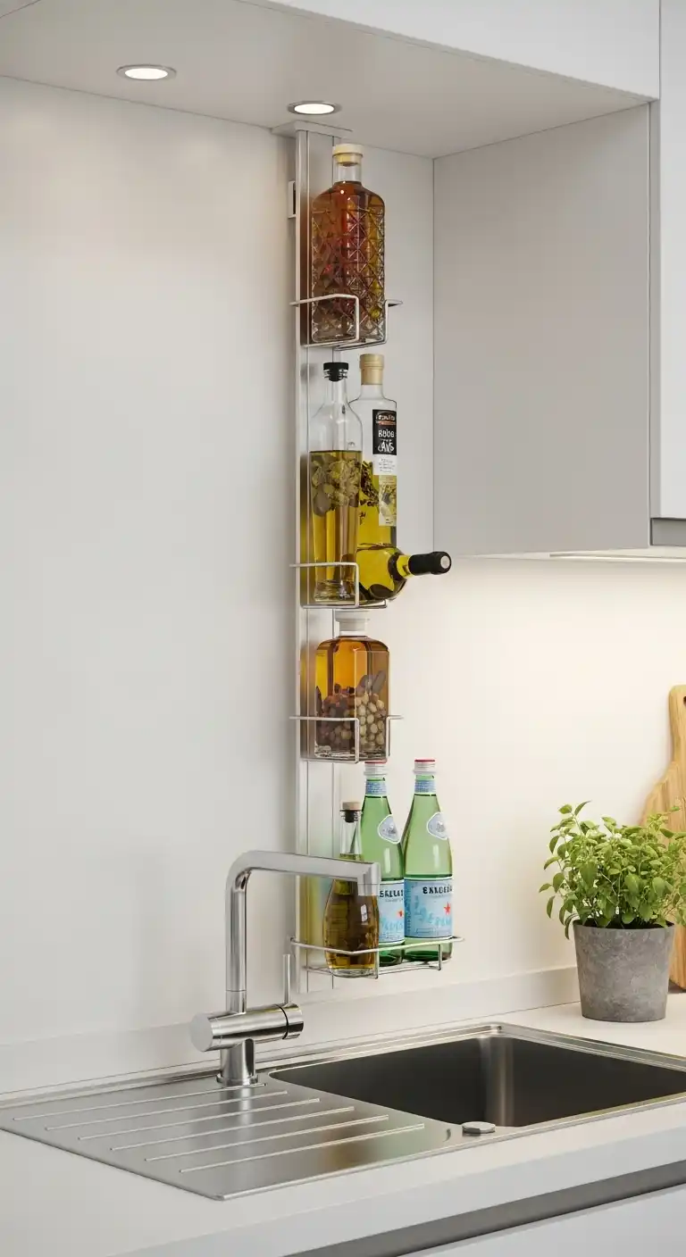 21 Kitchen Sink No Window Ideas for a Fresh, Modern Look 14 13) Mount a Slim Bottle Rack Above the Sink