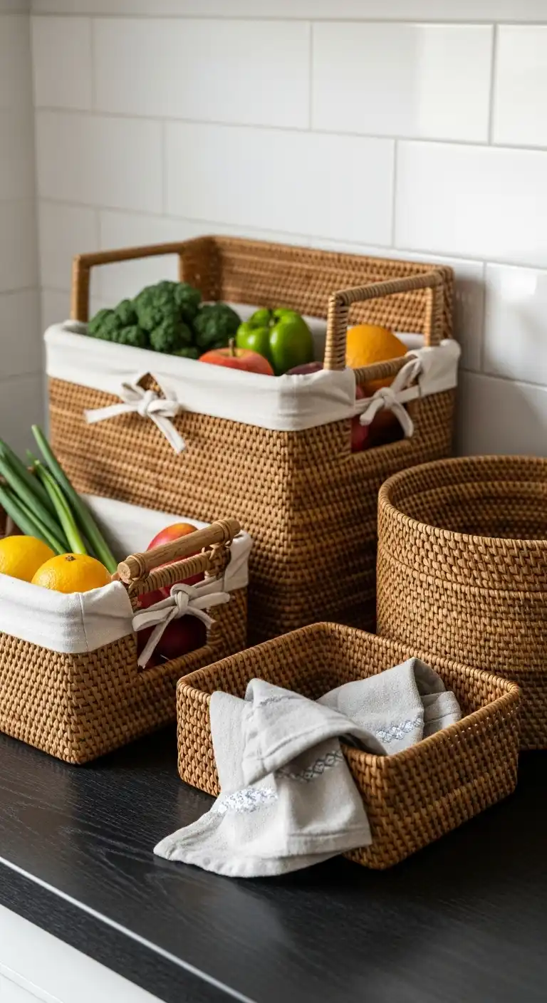 13) Woven rattan baskets for storage