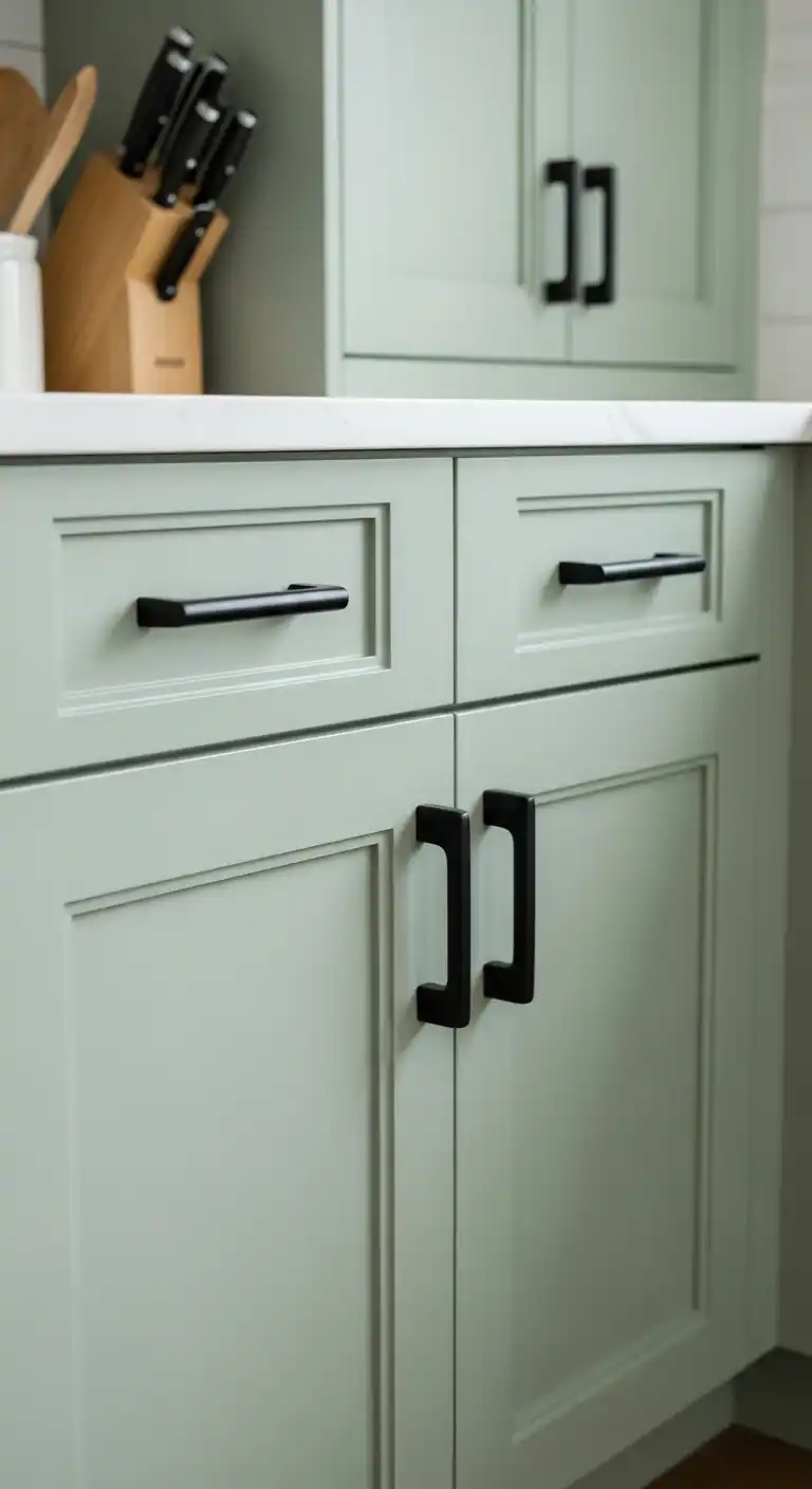 14) Sage green cabinets with matte black handles and gold accents