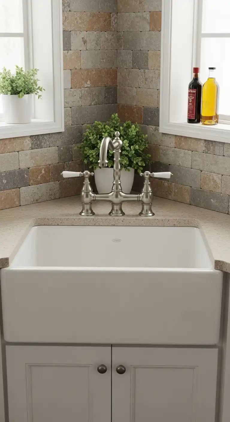 Corner Kitchen Sink Ideas You’ll Love: 21 Inspiring Designs 15 14. Corner Sink with Bridge Faucet